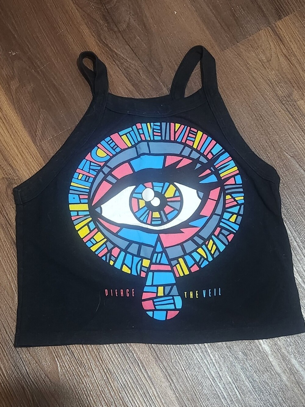 Black Cropped Tank Top with Multicolor Mosaic Eye Graphic